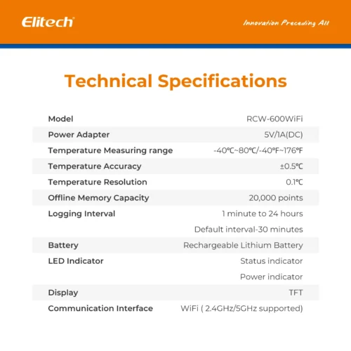 Elitech Rcw 800 Wifi Temperature And Humidity Data Logger,wireless Remote Temperature Recorder For Refrigerator Specifications Cmc