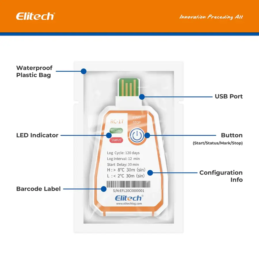 Elitech Rc 17 Disposable Single Use Usb Temperature Recorder Data Logger Labels
