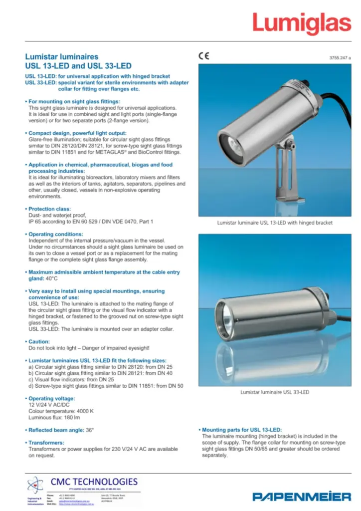 Papenmeier lumiglas usl 13led usl 33led datasheet cover image cmc
